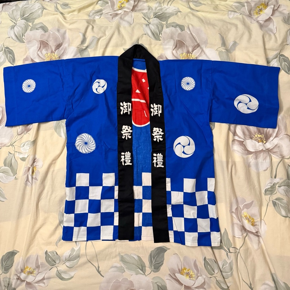 Matsuri Happi Coat 3pcs Set Japanese Festival Kimono Jacket M Unisex Blue Cotton